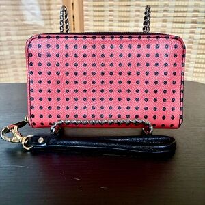 Fossil Leather Wallet Wristlet in Pink and Black Polka Dots
